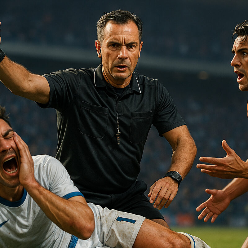 Arbitro che fischia in campo durante una partita di calcio, circondato da giocatori che protestano per un fallo e simulano dolore, simbolo degli errori arbitrali e delle polemiche nel calcio moderno.