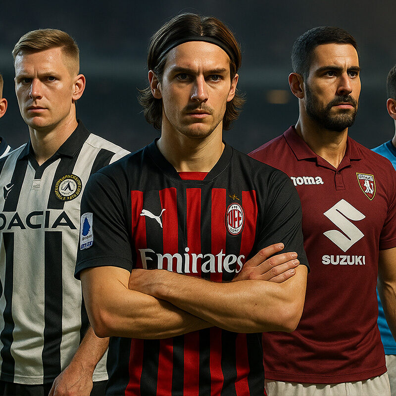 Cinque giocatori della Serie A in posa realistica su un campo da calcio, rappresentanti squadre come Milan, Udinese, Torino, Como e Napoli, in uno stile 3D iperrealistico.
