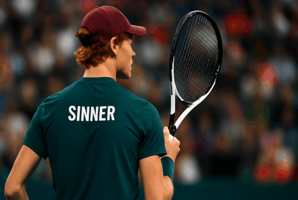 Jannik Sinner di spalle sul campo da tennis durante uno dei momenti che rappresentano I tornei vinti da Sinner.