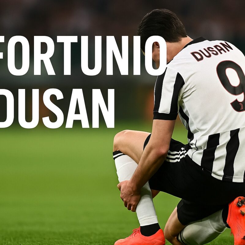 Giocatore con maglia bianconera inginocchiato in campo mentre si tocca la gamba, rappresentazione dell’infortunio Dusan Vlahovic nazionale