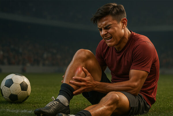 Infortunio Dybala durante una partita di calcio, il giocatore si tiene la coscia sinistra dolorante sul campo, in uno stadio illuminato, scena realistica sportiva.