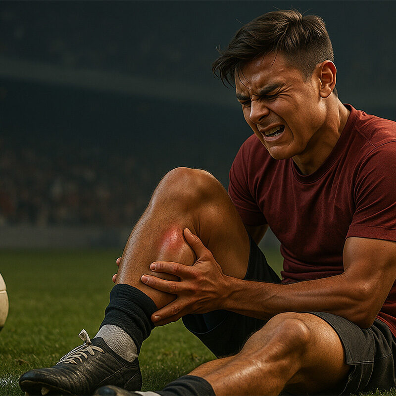 Infortunio Dybala durante una partita di calcio, il giocatore si tiene la coscia sinistra dolorante sul campo, in uno stadio illuminato, scena realistica sportiva.