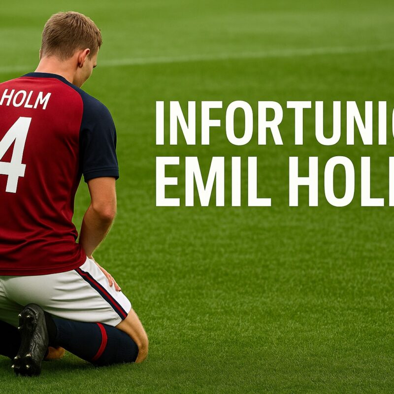 Calciatore con maglia rossoblù inginocchiato in campo mentre si tocca la gamba, rappresentando l’infortunio Emil Holm