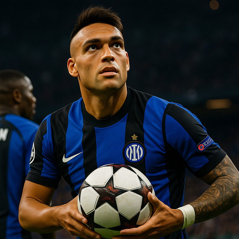 Lautaro Martínez dell’Inter in Champions League, in primo piano con la maglia nerazzurra, tiene il pallone durante una partita al Meazza illuminato, con Marcus Thuram sullo sfondo.