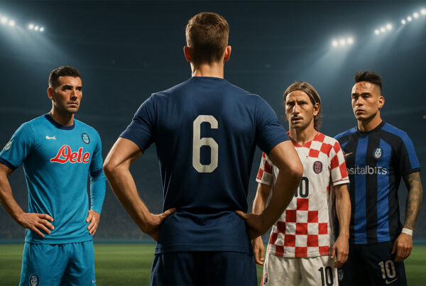 Illustrazione iperrealistica di quattro calciatori in campo, raffigurati in un grande stadio illuminato mentre discutono tra loro, simbolo della leadership nel calcio italiano.