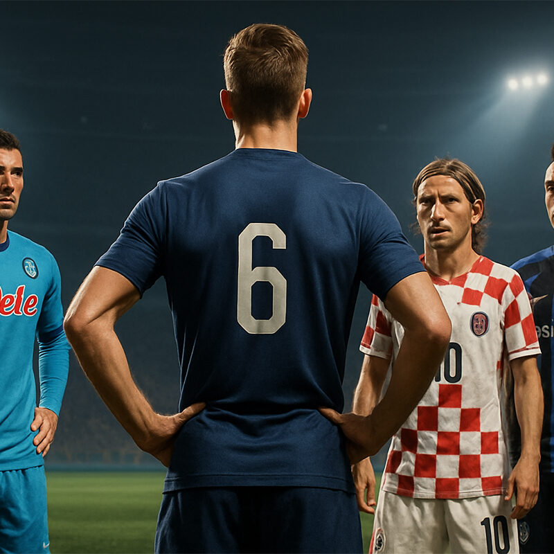 Illustrazione iperrealistica di quattro calciatori in campo, raffigurati in un grande stadio illuminato mentre discutono tra loro, simbolo della leadership nel calcio italiano.