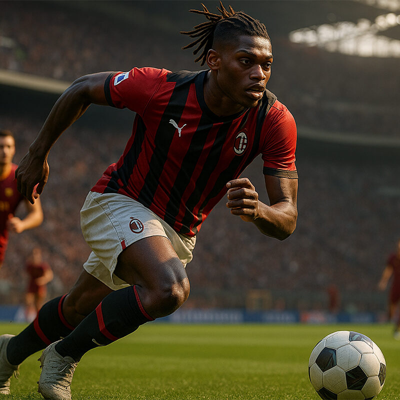 Rafael Leão in azione con la maglia del Milan durante una partita di Serie A, sprinta verso il pallone allo stadio di San Siro nella corsa allo scudetto 2025.