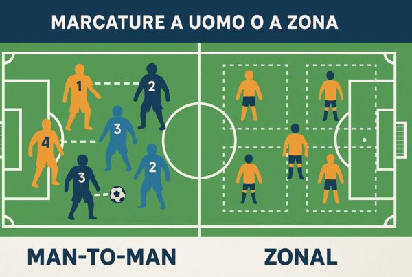 Illustrazione tattica dedicata alla Marcatura a Uomo o a Zona, con un campo da calcio diviso in due metà: a sinistra la rappresentazione della marcatura a uomo, con giocatori che seguono direttamente gli avversari, e a destra la marcatura a zona, con calciatori distribuiti in aree delimitate. Colori differenti evidenziano i due sistemi difensivi.