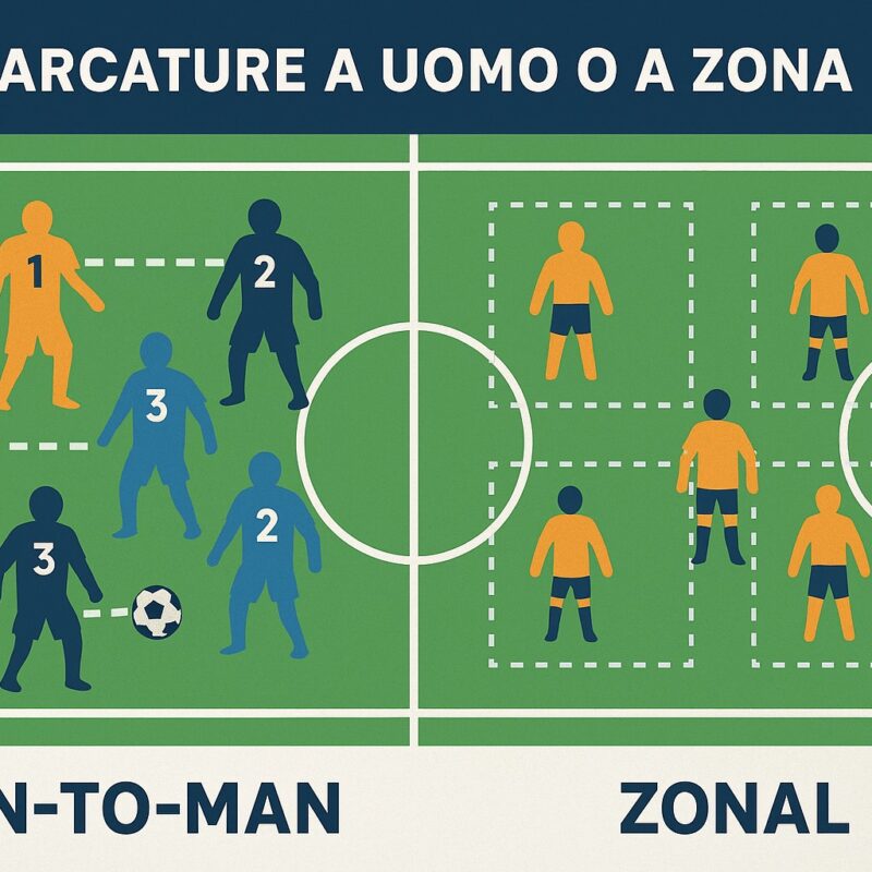 Illustrazione tattica dedicata alla Marcatura a Uomo o a Zona, con un campo da calcio diviso in due metà: a sinistra la rappresentazione della marcatura a uomo, con giocatori che seguono direttamente gli avversari, e a destra la marcatura a zona, con calciatori distribuiti in aree delimitate. Colori differenti evidenziano i due sistemi difensivi.