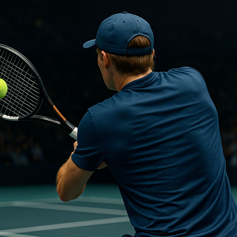Tennista giovane visto di spalle mentre prepara un backhand su campo indoor durante un match Next Gen Tennis, in stile realistico e dinamico.