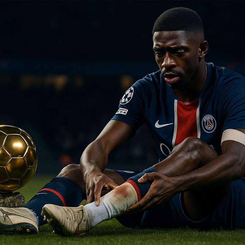 Ousmane Dembélé seduto sul campo con la maglia del Psg, dolorante al polpaccio accanto al Pallone d’oro, in uno stadio notturno illuminato