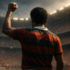 Calciatore visto di spalle mentre alza il pugno chiuso in uno stadio gremito, gesto simbolico di protesta e libertà, in stile iperrealistico.