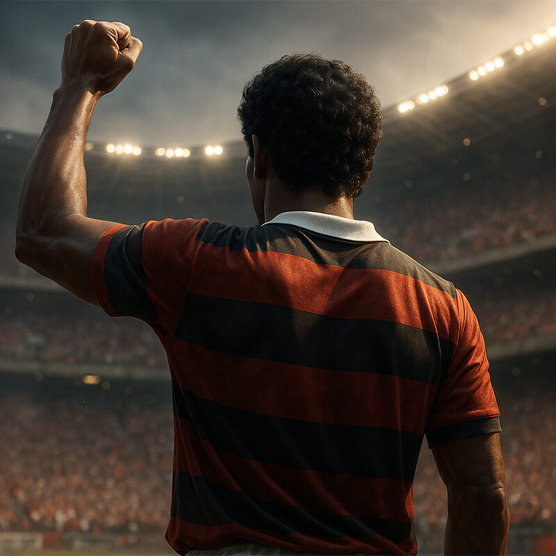 Calciatore visto di spalle mentre alza il pugno chiuso in uno stadio gremito, gesto simbolico di protesta e libertà, in stile iperrealistico.