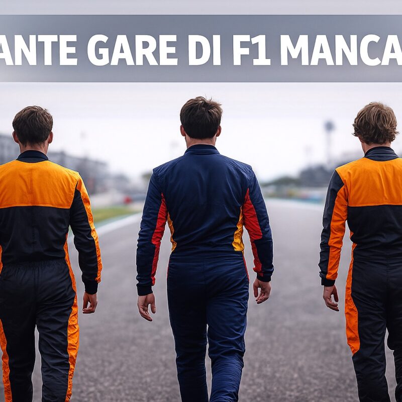 Tre piloti di Formula 1 visti di spalle mentre camminano sulla pista: due in tuta McLaren color arancio e nero e uno in tuta Red Bull blu scuro con logo ben visibile. Sullo sfondo l’asfalto del circuito e la scritta QUANTE GARE DI F1 MANCANO? in grande in primo piano.