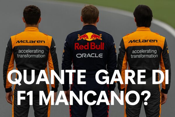 Tre piloti di Formula 1 visti di spalle mentre camminano sulla pista: due in tuta McLaren color arancio e nero e uno in tuta Red Bull blu scuro con logo ben visibile. Sullo sfondo l’asfalto del circuito e la scritta QUANTE GARE DI F1 MANCANO? in grande in primo piano.