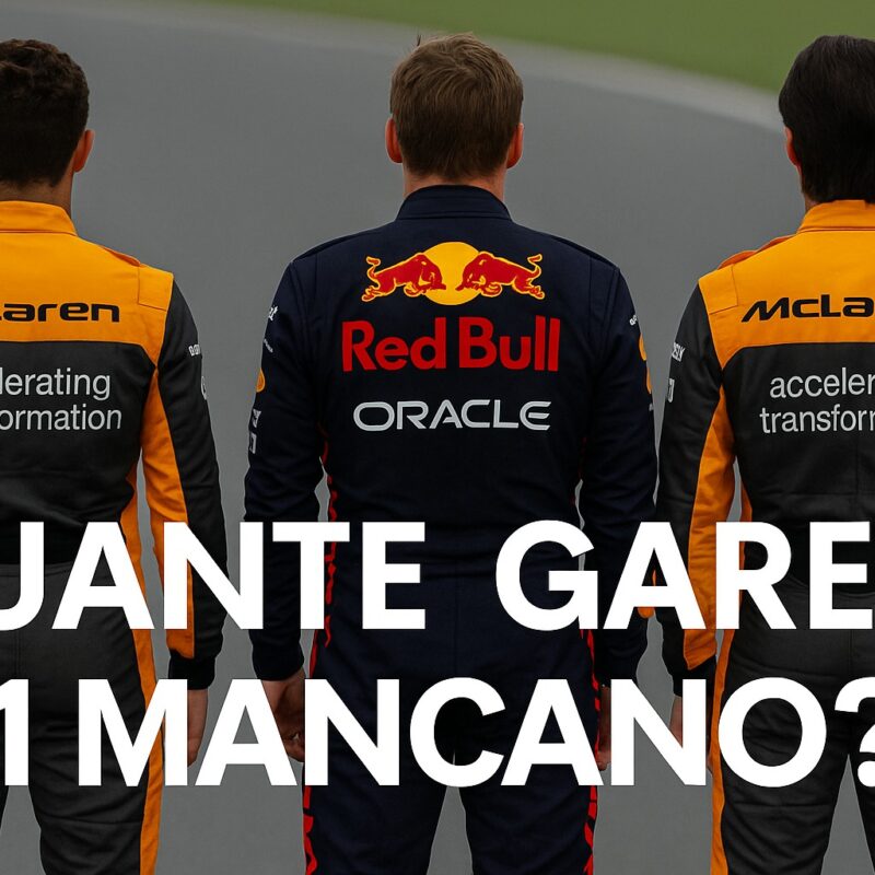 Tre piloti di Formula 1 visti di spalle mentre camminano sulla pista: due in tuta McLaren color arancio e nero e uno in tuta Red Bull blu scuro con logo ben visibile. Sullo sfondo l’asfalto del circuito e la scritta QUANTE GARE DI F1 MANCANO? in grande in primo piano.