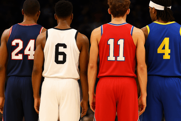 Giocatori di basket di spalle sul campo, ideale per illustrare le Regole NBA All-Star Game e il nuovo format del 2026.