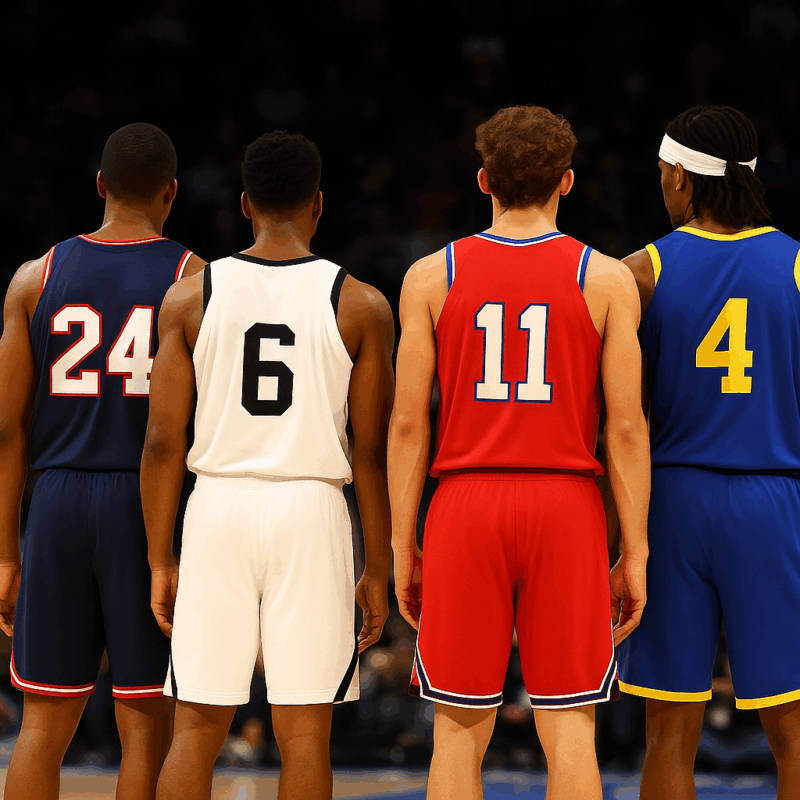 Giocatori di basket di spalle sul campo, ideale per illustrare le Regole NBA All-Star Game e il nuovo format del 2026.