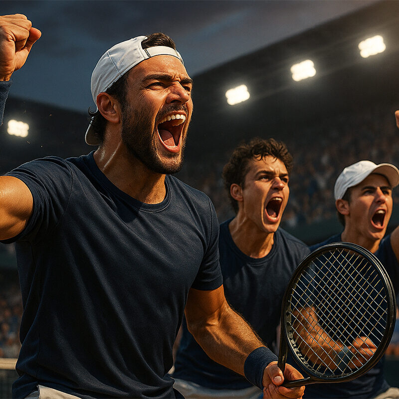 Illustrazione iperrealistica della rinascita del tennis italiano, con tre giocatori che esultano in campo durante una vittoria decisiva.