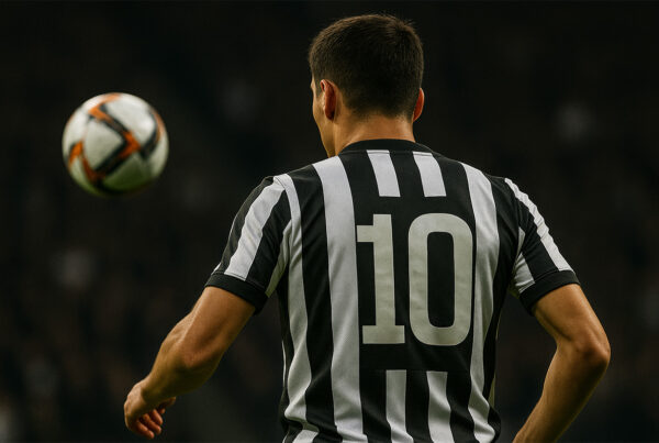 Calciatore della Juventus di spalle con maglia numero 10 durante un’azione di gioco, riferimento al rinnovo Yildiz.