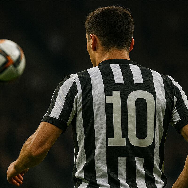 Calciatore della Juventus di spalle con maglia numero 10 durante un’azione di gioco, riferimento al rinnovo Yildiz.