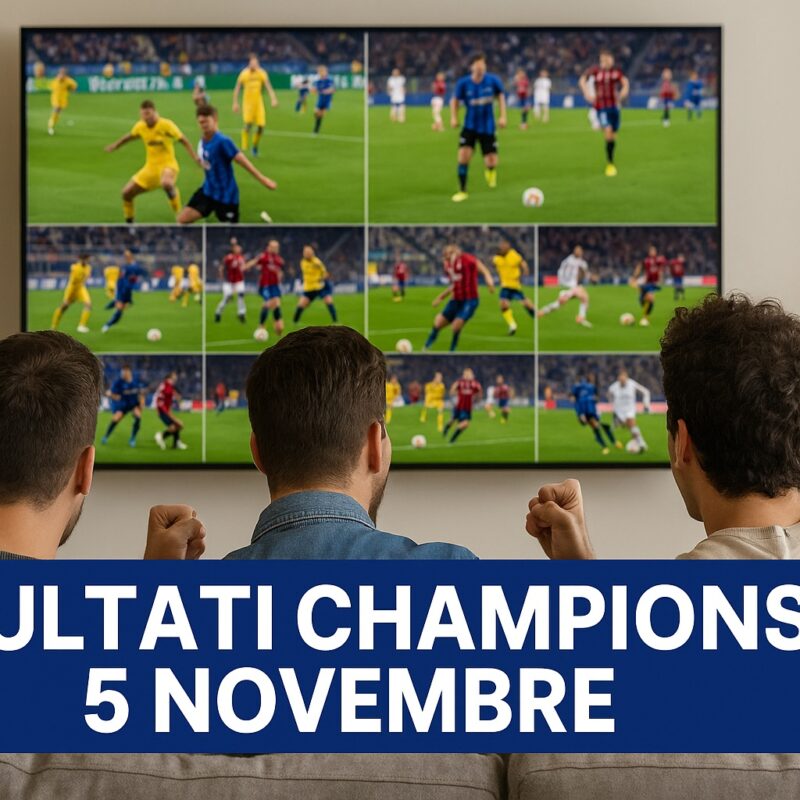 Tre amici guardano una TV che mostra diversi match di calcio in contemporanea, esultando sul divano di casa. L’immagine è dedicata ai risultati Champions 5 novembre, con la scritta in bianco su sfondo blu nella parte inferiore.