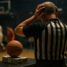 Arbitro NBA di spalle in un’arena illuminata, con fischietto in mano, atmosfera tesa e realistica, illustrazione iperrealistica 3D che rappresenta lo scandalo scommesse NBA.