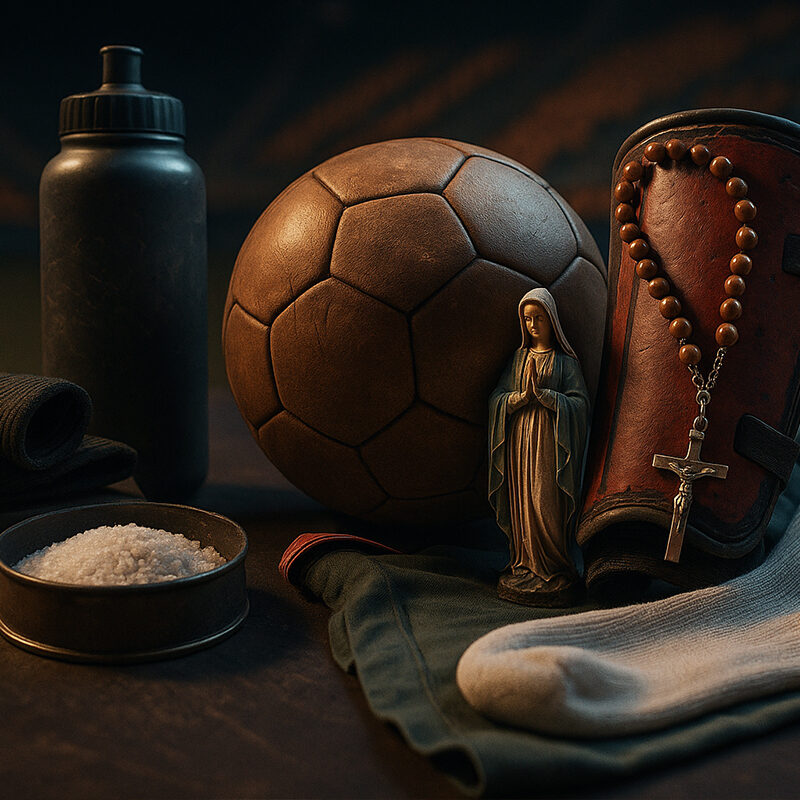 Oggetti legati alla scaramanzia nello sport, con pallone vintage, rosario, parastinco, statuetta sacra, sale e accessori sportivi in una scena 3D iperrealistica in uno stadio.