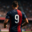 Calciatore del Bologna FC visto di spalle con maglia numero 9 mentre entra in campo allo stadio Dall’Ara, immagine realistica che rappresenta la corsa allo scudetto del Bologna.