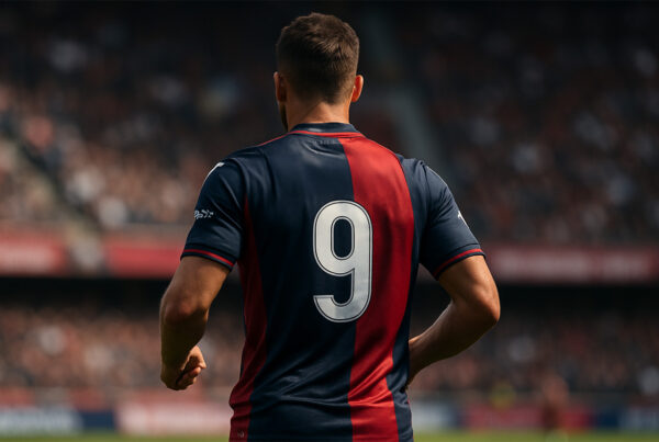 Calciatore del Bologna FC visto di spalle con maglia numero 9 mentre entra in campo allo stadio Dall’Ara, immagine realistica che rappresenta la corsa allo scudetto del Bologna.