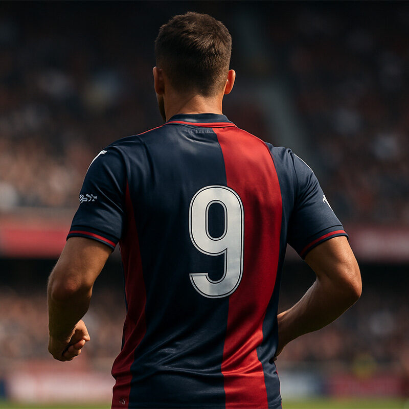 Calciatore del Bologna FC visto di spalle con maglia numero 9 mentre entra in campo allo stadio Dall’Ara, immagine realistica che rappresenta la corsa allo scudetto del Bologna.