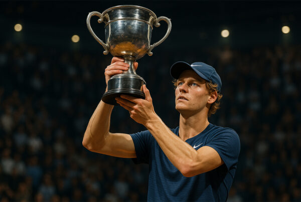 Jannik Sinner numero 1 al mondo solleva il trofeo dopo la vittoria alle ATP Finals di Torino, immagine realistica in stile digitale 3D con luce cinematografica.