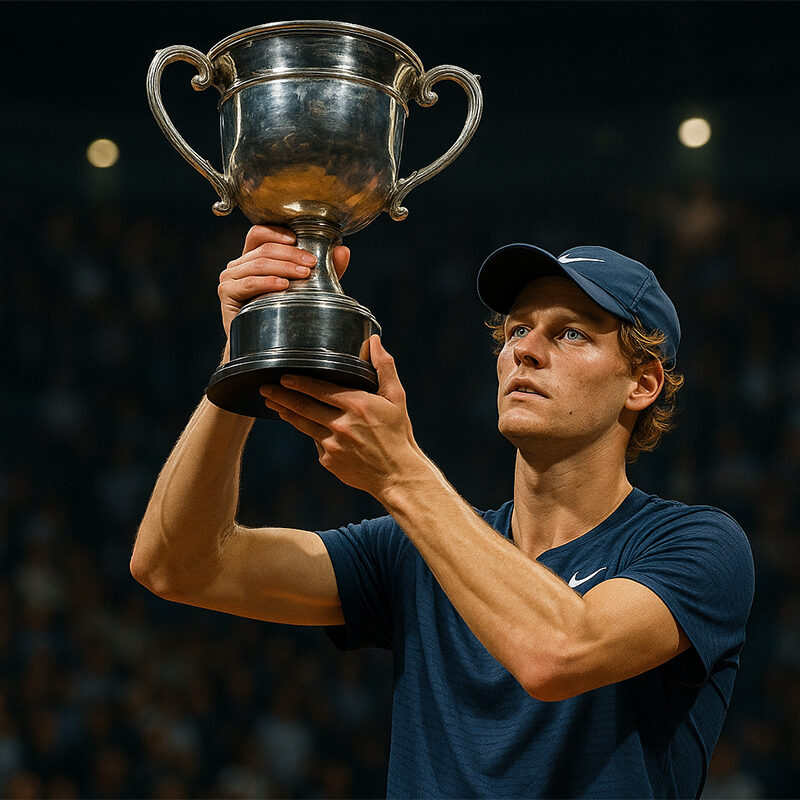 Jannik Sinner numero 1 al mondo solleva il trofeo dopo la vittoria alle ATP Finals di Torino, immagine realistica in stile digitale 3D con luce cinematografica.