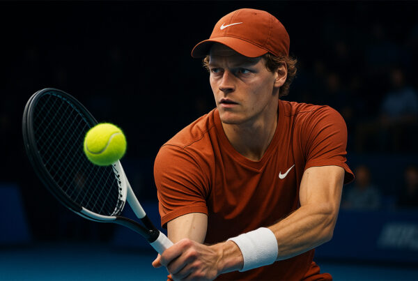 Tennista in azione durante un match indoor, colpo di rovescio in primo piano con espressione intensa e illuminazione cinematografica, stile realistico 3D.
