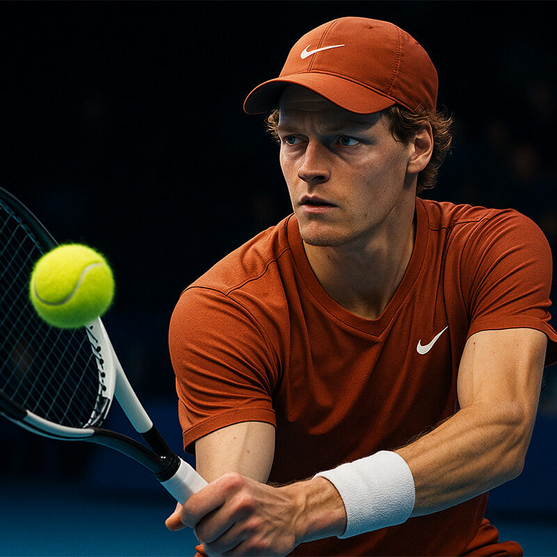 Tennista in azione durante un match indoor, colpo di rovescio in primo piano con espressione intensa e illuminazione cinematografica, stile realistico 3D.