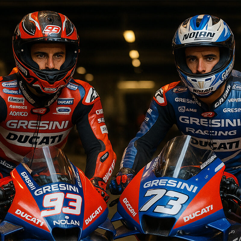 Marc e Alex Marquez con le Ducati del Team Gresini MotoGP nel box, pronti per la gara, in una scena realistica che mostra la determinazione e l’unione del team.