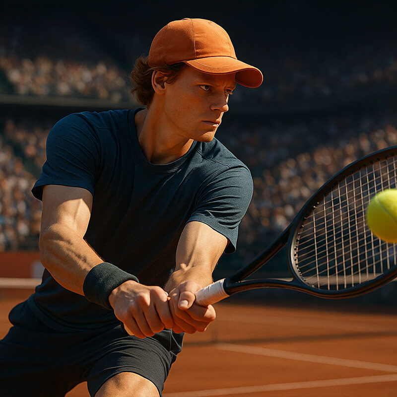 Giocatore di tennis italiano in azione su campo in terra rossa, ripreso in stile iperrealistico mentre colpisce la palla davanti a un’arena affollata.