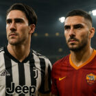 Due calciatori della Serie A in stile realistico, rappresentazione digitale di Vlahovic e Pellegrini sul campo, con maglia Juventus e Roma, in un’illustrazione iperrealistica 3D.