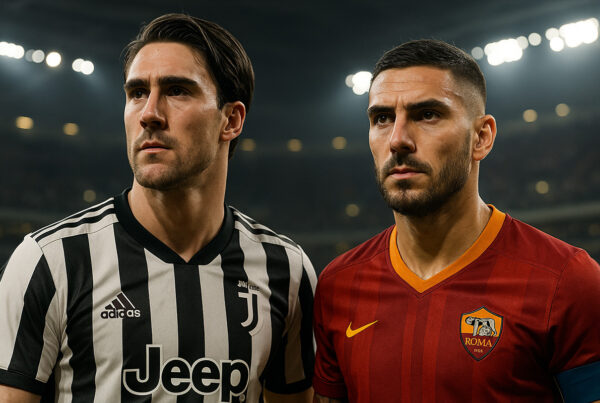 Due calciatori della Serie A in stile realistico, rappresentazione digitale di Vlahovic e Pellegrini sul campo, con maglia Juventus e Roma, in un’illustrazione iperrealistica 3D.