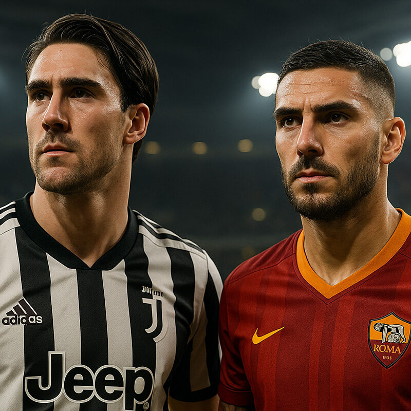 Due calciatori della Serie A in stile realistico, rappresentazione digitale di Vlahovic e Pellegrini sul campo, con maglia Juventus e Roma, in un’illustrazione iperrealistica 3D.
