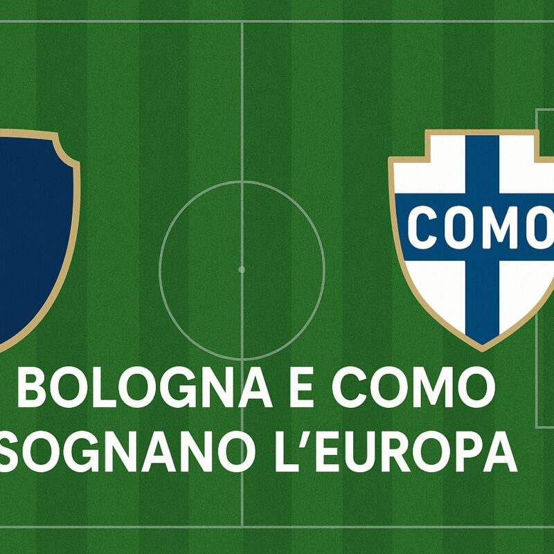 Grafica con campo da calcio stilizzato e due stemmi senza loghi nei colori di Bologna e Como, accompagnata dalla scritta “Bologna e Como in Europa”.