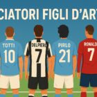 Illustrazione dedicata al tema calciatori figli d’arte, con sei giocatori schierati di spalle sul campo, ognuno con un cognome iconico sulle maglie di colori diversi: Maldini in rossonero, Totti in azzurro, Del Piero in bianconero, Pirlo in celeste, e due giocatori con il cognome Ronaldo in casacche rosse. La composizione richiama visivamente le grandi dinastie del calcio italiano e internazionale.
