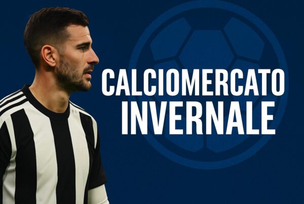 Grafica dedicata al Calciomercato invernale con un calciatore in maglia bianconera e sfondo blu, accompagnata dal titolo “Calciomercato Invernale”.