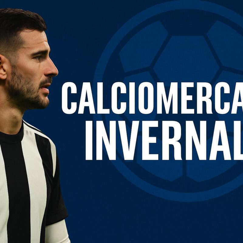 Grafica dedicata al Calciomercato invernale con un calciatore in maglia bianconera e sfondo blu, accompagnata dal titolo “Calciomercato Invernale”.