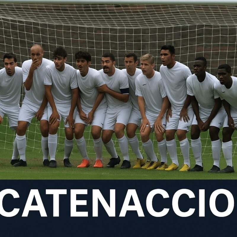 Durante una partita di calcio, dieci giocatori si posizionano davanti alla porta formando una barriera difensiva compatta, simbolo del catenaccio. Nella parte inferiore dell’immagine compare la scritta 'Catenaccio', rappresentando visivamente che cos’è il catenaccio nel calcio