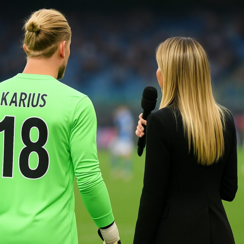 Loris Karius di spalle in divisa da portiere accanto a Diletta Leotta con un microfono in mano su un campo da calcio illuminato, simbolo del connubio tra sport e spettacolo raccontato nell’articolo Chi è Loris Karius.