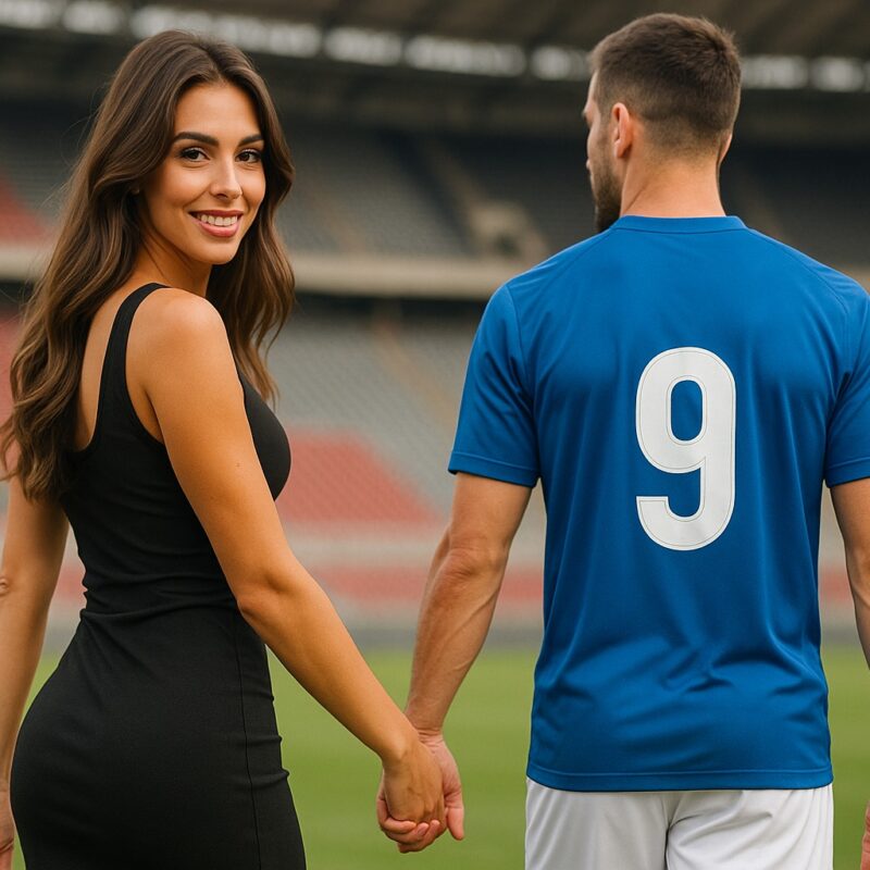 un'immagine che rappresenta Una bellissima ragazza tiene per mano un calciatore di spalle sul campo da calcio, lui indossa la maglia numero 9, in un’atmosfera romantica al tramonto.