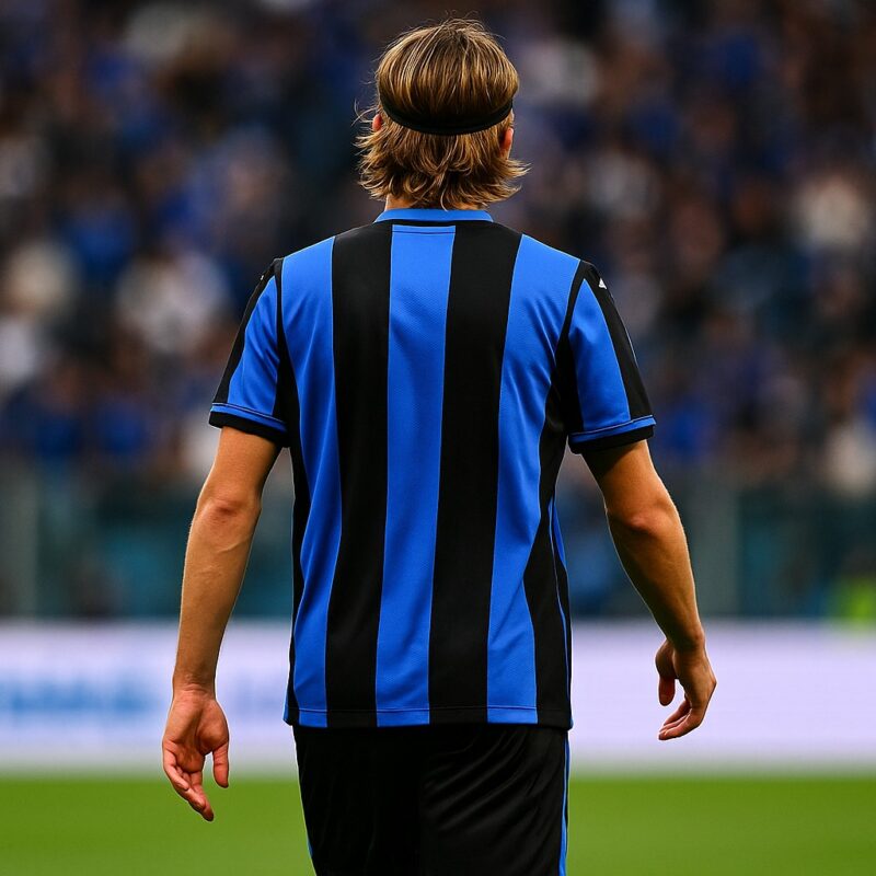 Immagine giocatore Atalanta visto di spalle con maglia nerazzurra durante una partita di calcio, in un campo affollato di tifosi riferita a dove gioca Daniel Maldini