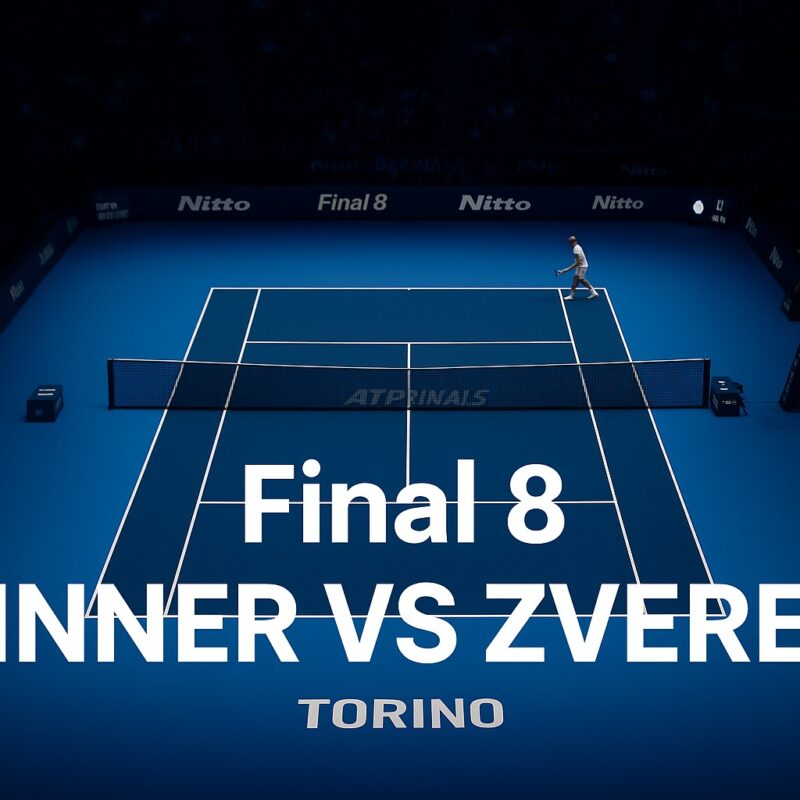 Vista dall’alto del campo da tennis delle ATP Finals di Torino con un giocatore in divisa blu che ricorda Jannik Sinner mentre serve, circondato da un pubblico gremito e dalle luci intense del Pala Alpitour che rappresenta la partita final 8 sinner vs zverev