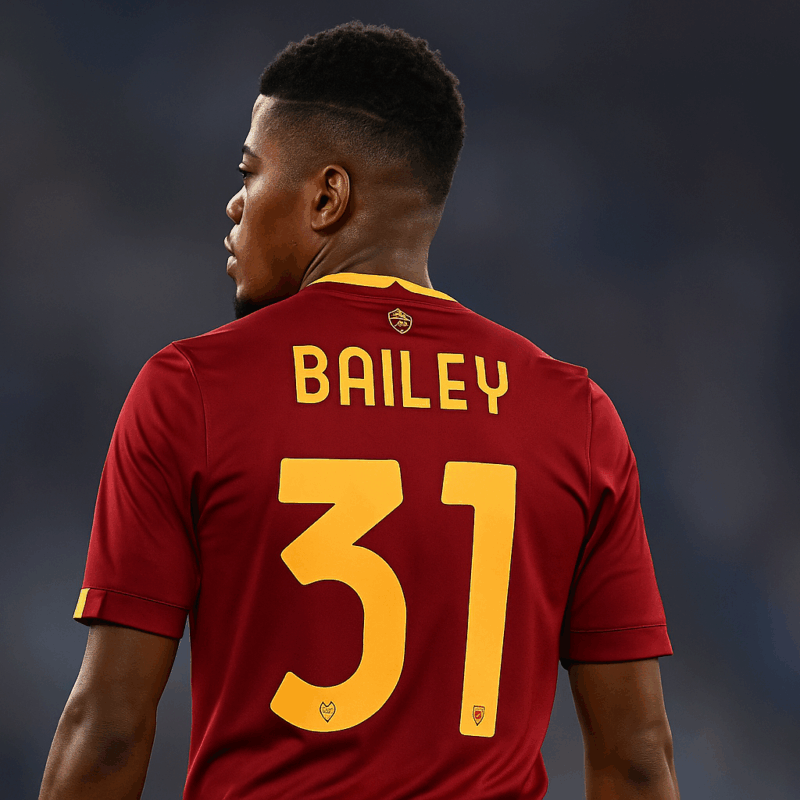 Infortunio per Bailey: Leon Bailey di spalle con la maglia della Roma numero 31 sul campo da calcio, simbolo del nuovo stop muscolare che preoccupa i tifosi giallorossi.